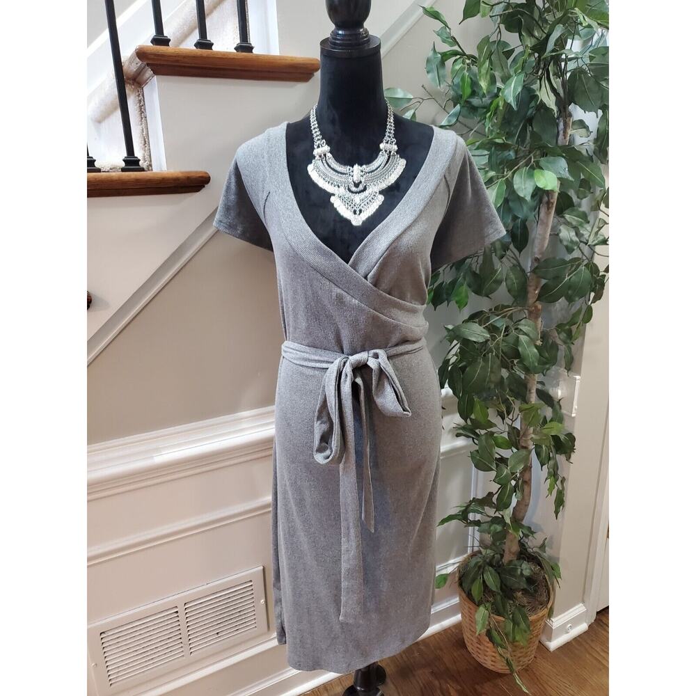 CCX Women's Gray Solid Cotton V-Neck Short Sleeve Casual Knee Length Dress L/20